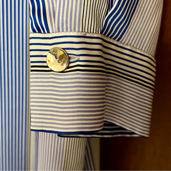 Zara Blue Stripe Satin Effect Midi Shirt Dress w Button Side Slits - Picture 7 of 13